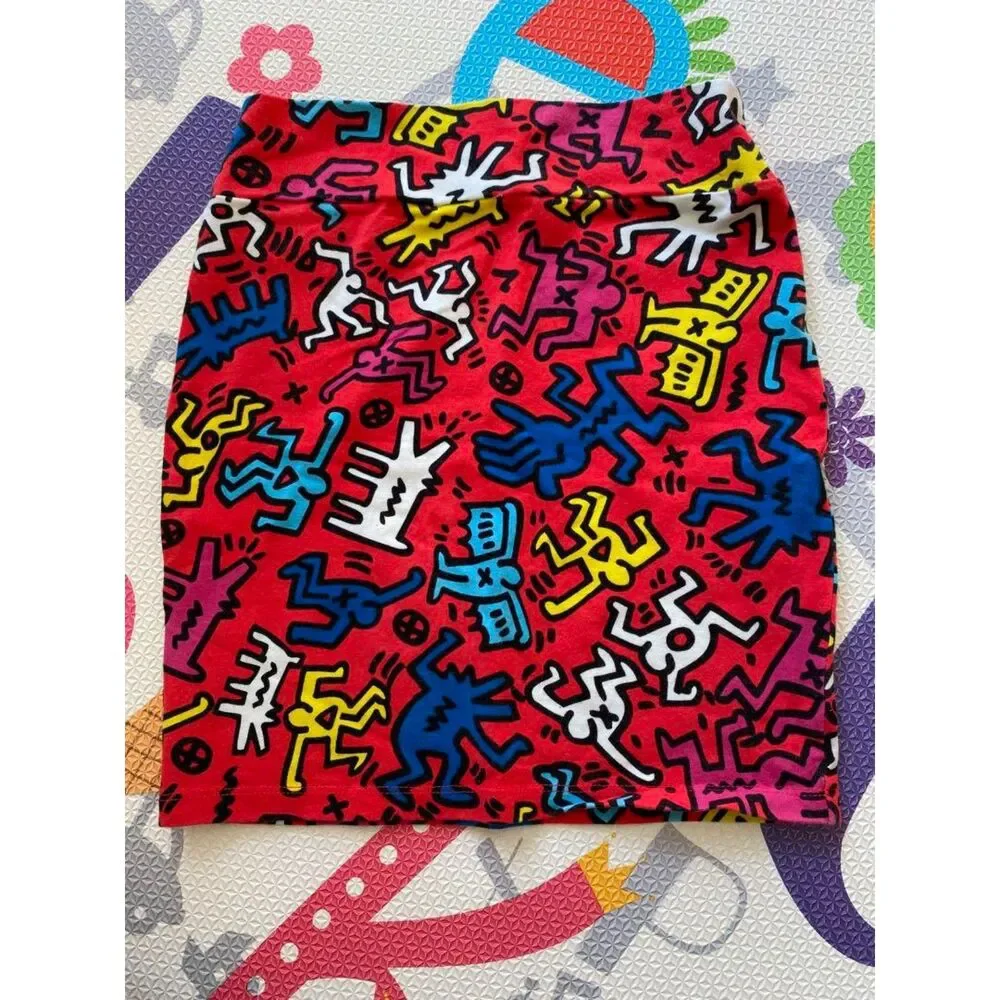 KEITH HARING X FOREVER 21 RED ELASTIC MINI SKIRT MONOGRAM